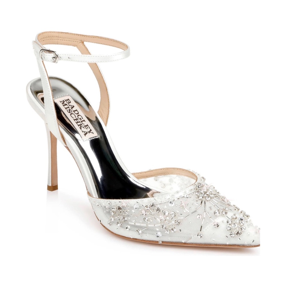 Badgley Mischka Roe Embellished Ankle Strap Pump - Soft White Satin Size 6.5